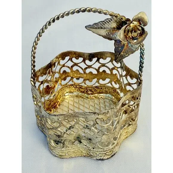Set of 4  Silver Plated Metal Rose Handle Decorative Trinket Baskets - Picture 12 of 14